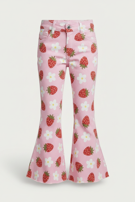 Pantalon Patte D'Éléphant Rose Fraises Fleurs Évasé Fille - Jean - vue 3