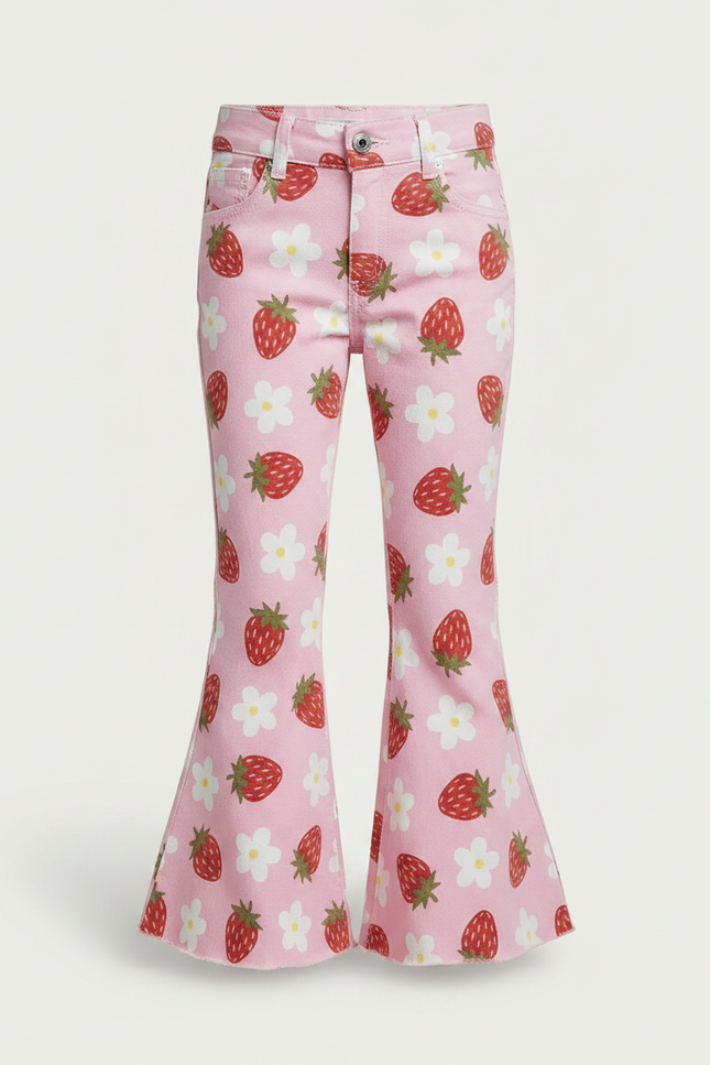 Pantalon Patte D'Éléphant Rose Fraises Fleurs Évasé Fille - Jean - vue 3