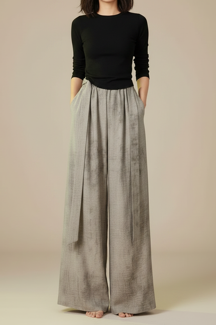 Pantalon Patte D'Éléphant Lin Ample Gris Ceinturé Fluide - vue 3