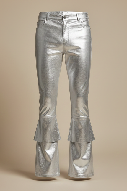 Pantalon Patte D'Éléphant Argent Brillant Métallique Évasé Homme - Argenté Simili cuir - vue 3