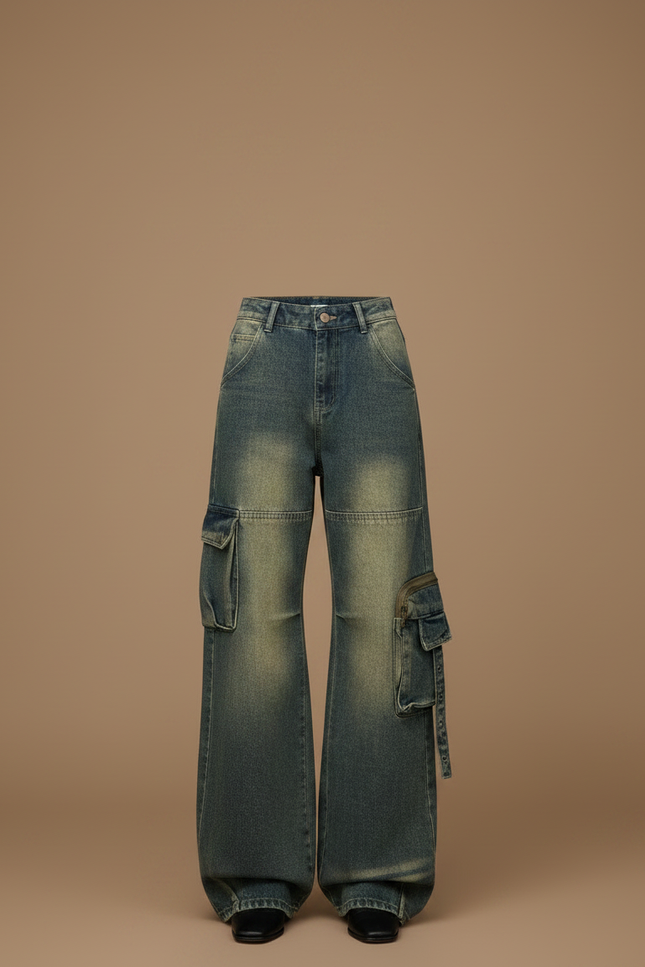 Pantalon Patte D'Éléphant Cargo Bleu Délavé Large Poches - Jean - vue 3