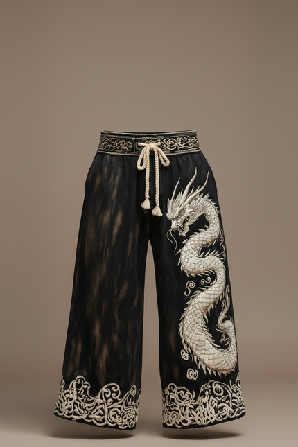 Pantalon Patte D'Éléphant Noir Dragon Brodé Ample Vintage - Jean - vue 3