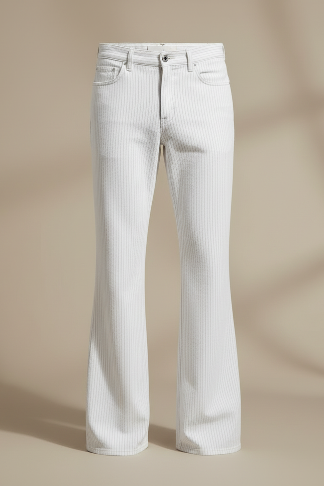 Pantalon Patte D'Éléphant Homme Blanc Rayé Côtelé Évasé Moderne - Cordé - vue 3