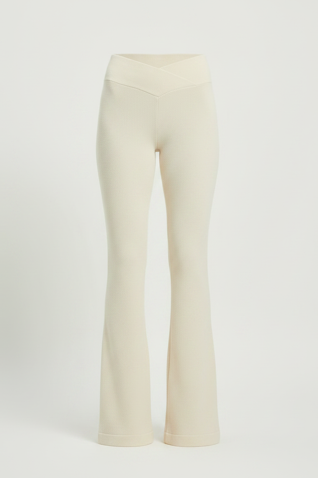 Pantalon Patte D'Éléphant Crème Tricoté Côtelé Taille Haute - Beige Maille - vue 3