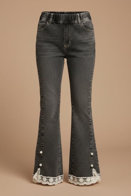 Pantalon Patte D'Éléphant Gris Dentelle Perles Fille - Jean - vue 3