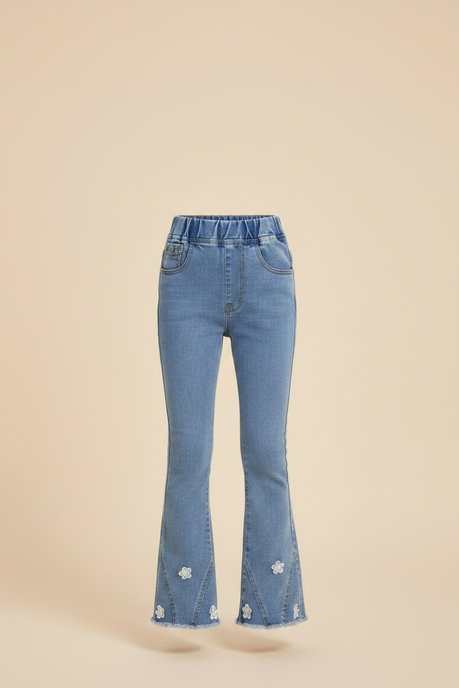 Pantalon Patte D'Éléphant Denim Bleu Fleuri Évasé Fille - Jean - vue 3