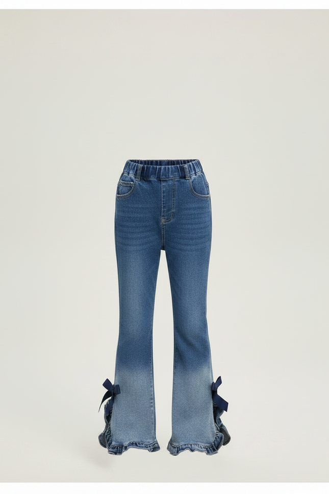 Pantalon Patte D'Éléphant Denim Bleu Dégradé Nœuds Fille - Jean - vue 3