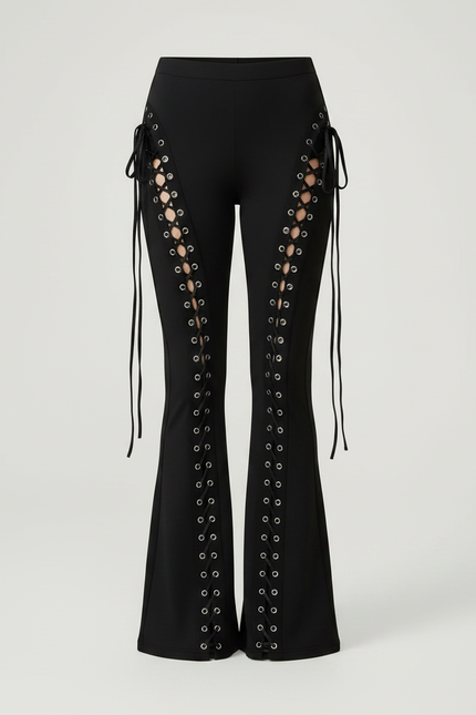 Pantalon Patte D'Éléphant Noir Lacets Oeillets Sexy Évasé - Maille - vue 3