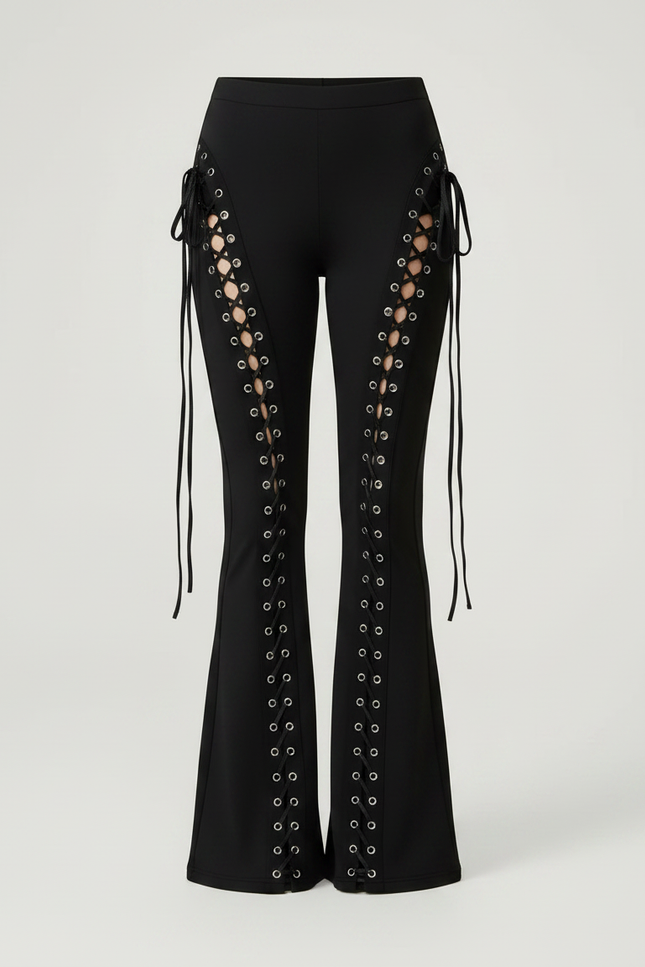 Pantalon Patte D'Éléphant Noir Lacets Oeillets Sexy Évasé - Maille - vue 3