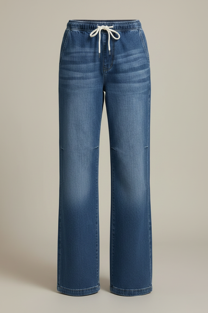Pantalon Patte D'Éléphant Bleu Jean Cordon Taille Haute Décontracté - vue 3