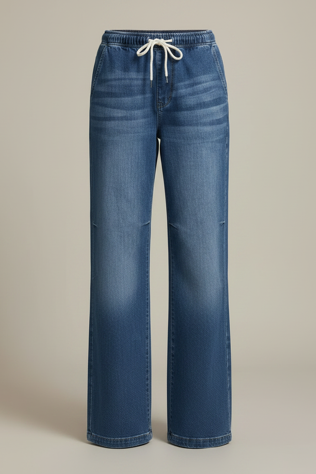 Pantalon Patte D'Éléphant Bleu Jean Cordon Taille Haute Décontracté - vue 3