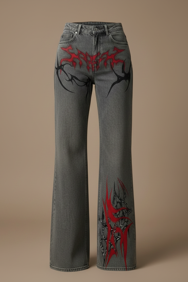Pantalon Patte D'Éléphant Gris Imprimé Tribal Gothique Ample - Jean - vue 3