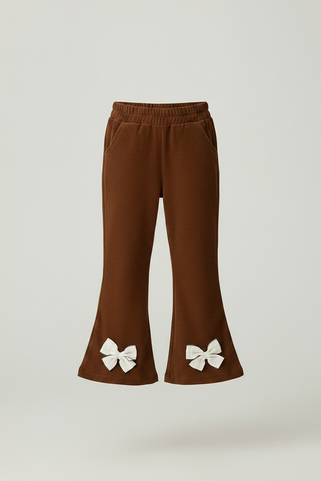Pantalon Patte D'Éléphant Côtelé Marron Nœuds Fille - Cordé - vue 3