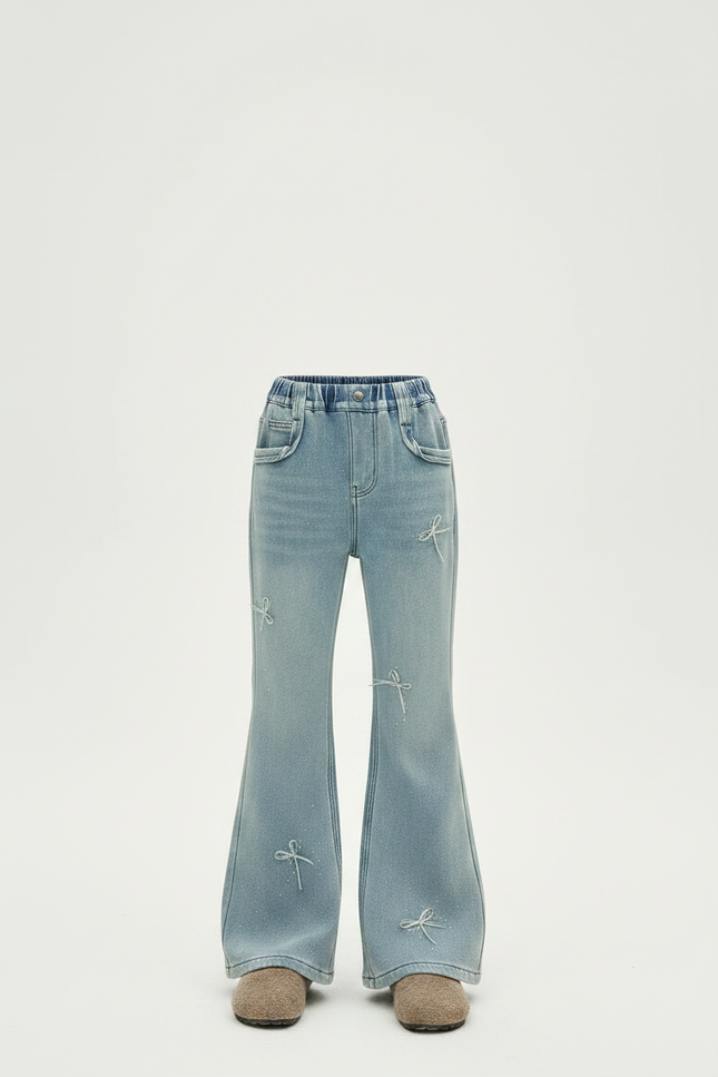 Pantalon Patte D'Éléphant Bleu Clair Évasé Nœuds Strass - Jean - vue 3