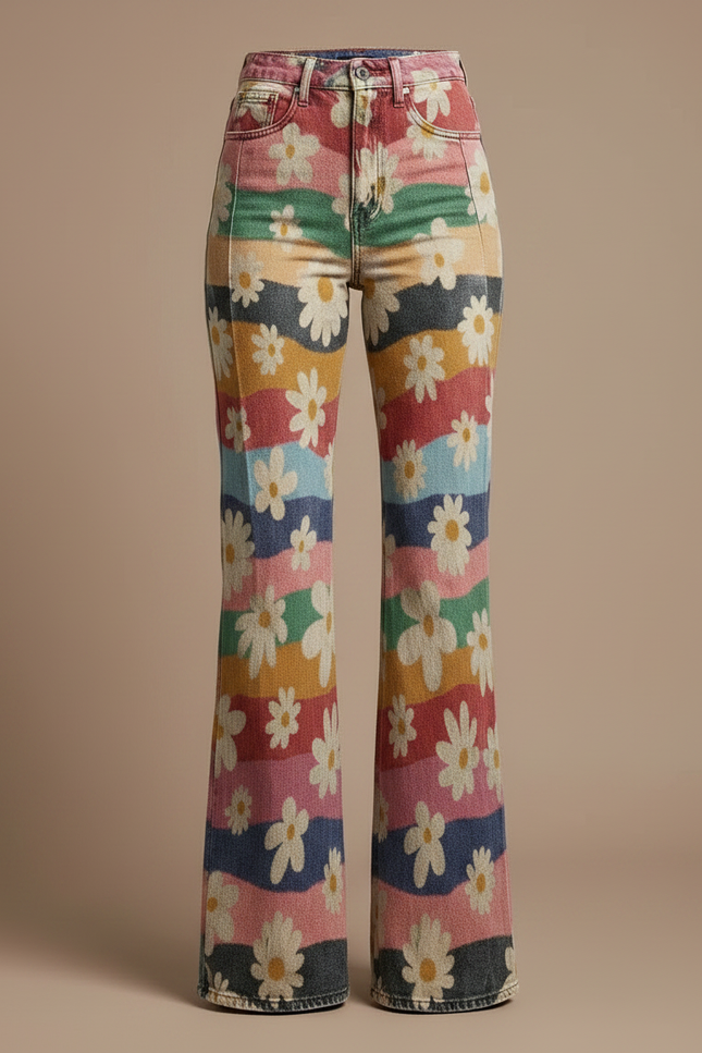 Pantalon Patte D'Éléphant Coloré Fleuri Taille Haute Vintage - Multicolore Jean - vue 3