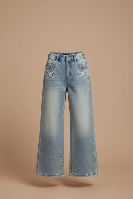 Pantalon Patte D'Éléphant Denim Large Nœuds Brodés Fille - Bleu Jean - vue 3