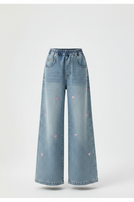 Pantalon Patte D'Éléphant Denim Cœur Brodé Évasé Enfant - Bleu Jean - vue 3
