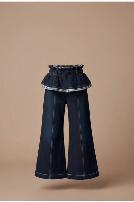 Pantalon Patte D'Éléphant Denim Foncé Évasé Fille Chic - Marine Jean - vue 3