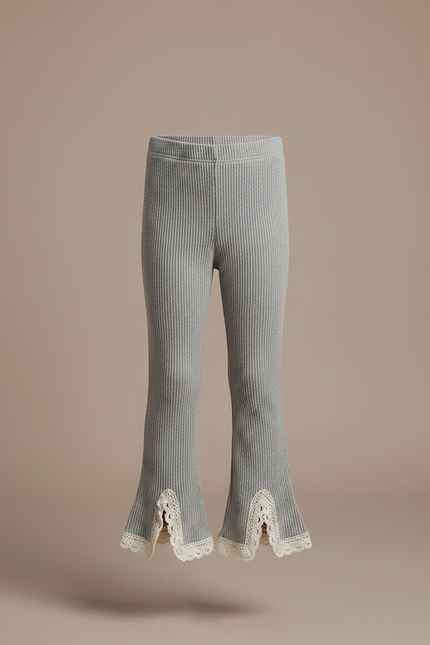 Pantalon Patte D'Éléphant Côtelé Gris Évasé Dentelle Fille - Maille - vue 3