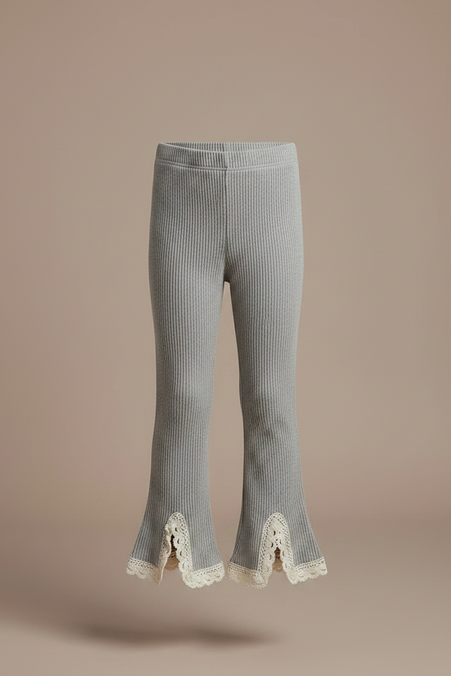 Pantalon Patte D'Éléphant Côtelé Gris Évasé Dentelle Fille - Maille - vue 3