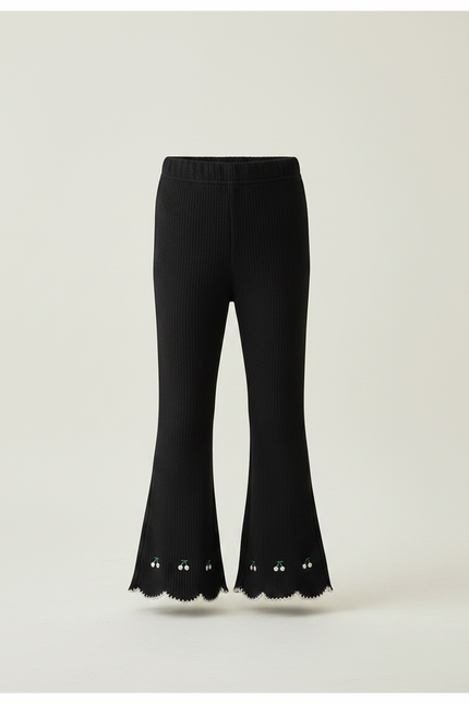 Pantalon Patte D'Éléphant Noir Côtelé Brodé Cerises Fille - Maille - vue 3