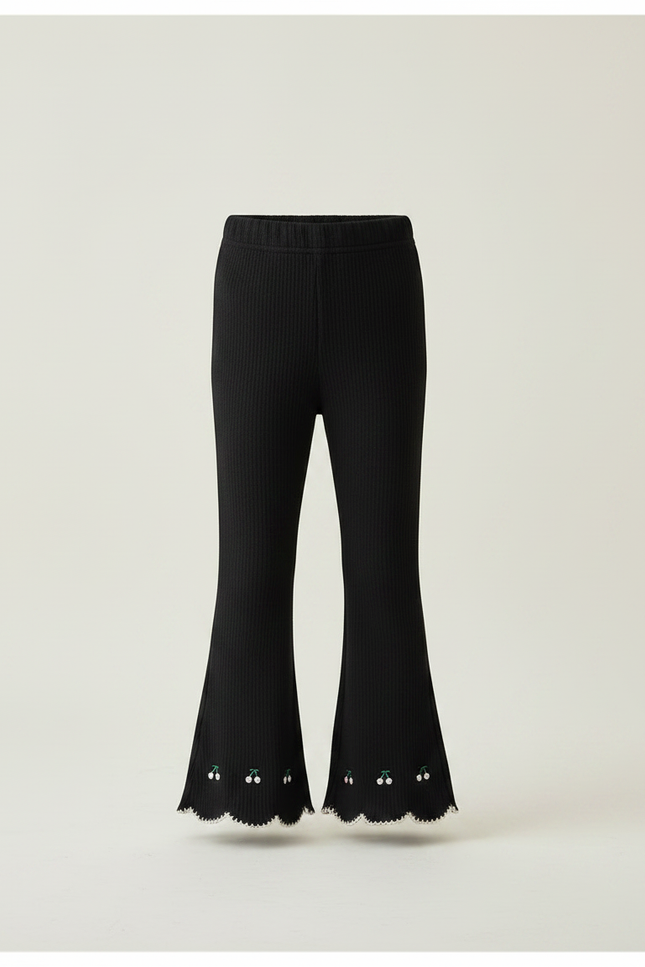 Pantalon Patte D'Éléphant Noir Côtelé Brodé Cerises Fille - Maille - vue 3