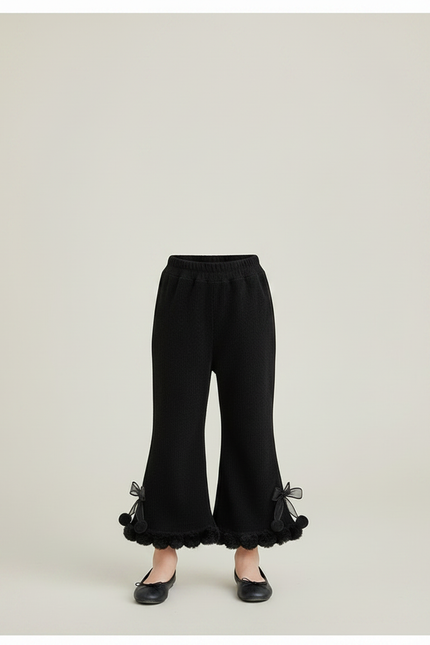 Pantalon Patte D'Éléphant Noir Évasé Pompons Fille - Maille - vue 3