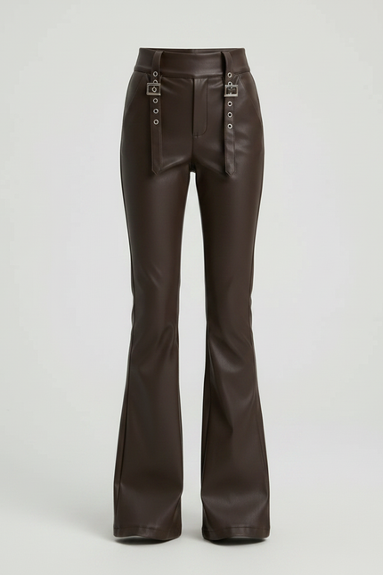 Pantalon Patte D'Éléphant Marron Similicuir Évasé Boucles Fille - Simili cuir - vue 3