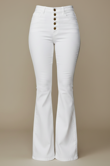 Pantalon Patte D'Éléphant Blanc Taille Haute Boutons Dorés - Jean - vue 3