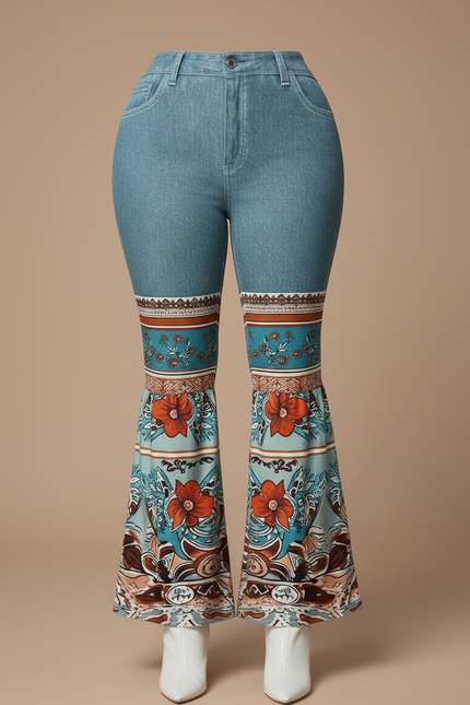 Pantalon Patte D'Éléphant Bleu Imprimé Floral Vintage Denim - Jean - vue 3