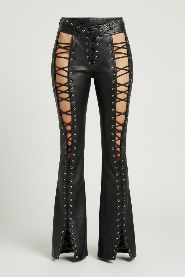 Pantalon Patte D'Éléphant Noir Cuir Lacets Évasé Sexy - vue 3