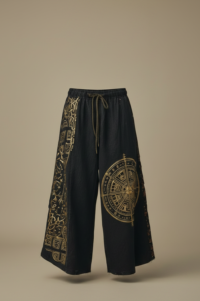 Pantalon Patte D'Éléphant Noir Ample Imprimé Ethnique Doré - Jean - vue 3