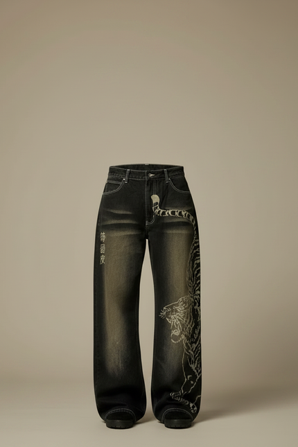 Pantalon Patte D'Éléphant Baggy Imprimé Tigre Vintage Homme - Gris Jean - vue 3