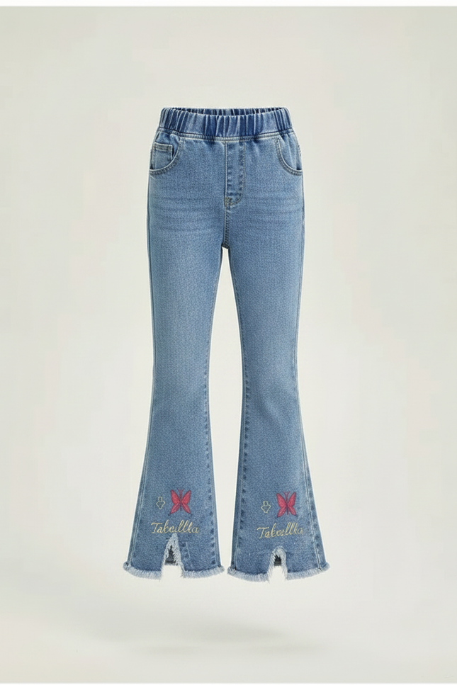 Pantalon Patte D'Éléphant Denim Évasé Papillons Brodés Fille - Bleu Jean - vue 3