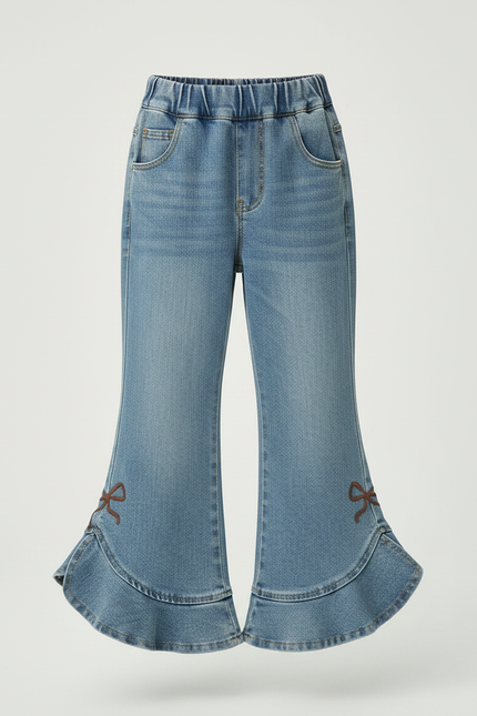 Pantalon Patte D'Éléphant Denim Bleu Brodé Nœuds Volants Enfant - Jean - vue 3