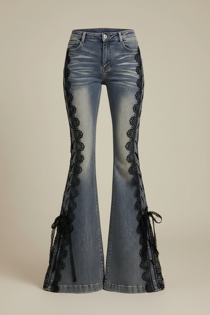 Pantalon Patte D'Éléphant Denim Évasé Lacets Dentelle Femme - Bleu Jean - vue 3