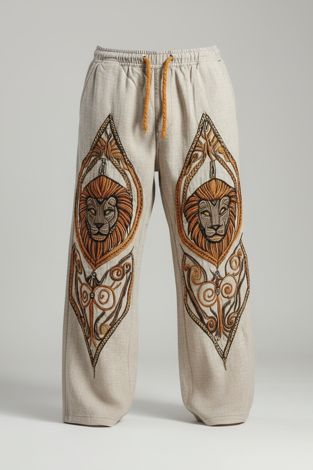 Pantalon Patte D'Éléphant Beige Brodé Lion Ethnique Ample Homme - Lin - vue 3