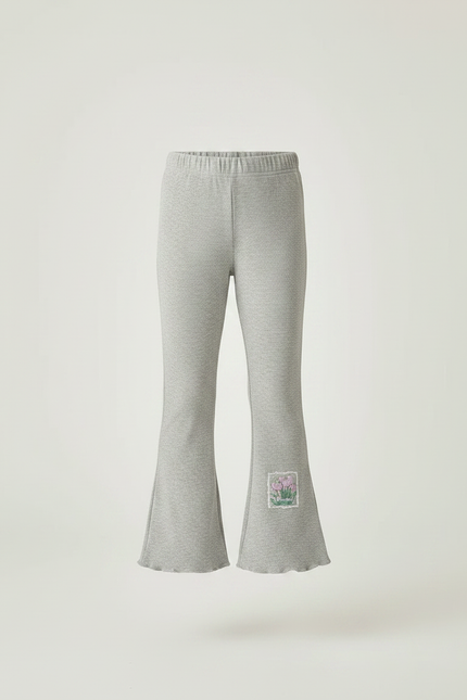 Pantalon Patte D'Éléphant Gris Côtelé Évasé Brodé Fille - Maille - vue 3