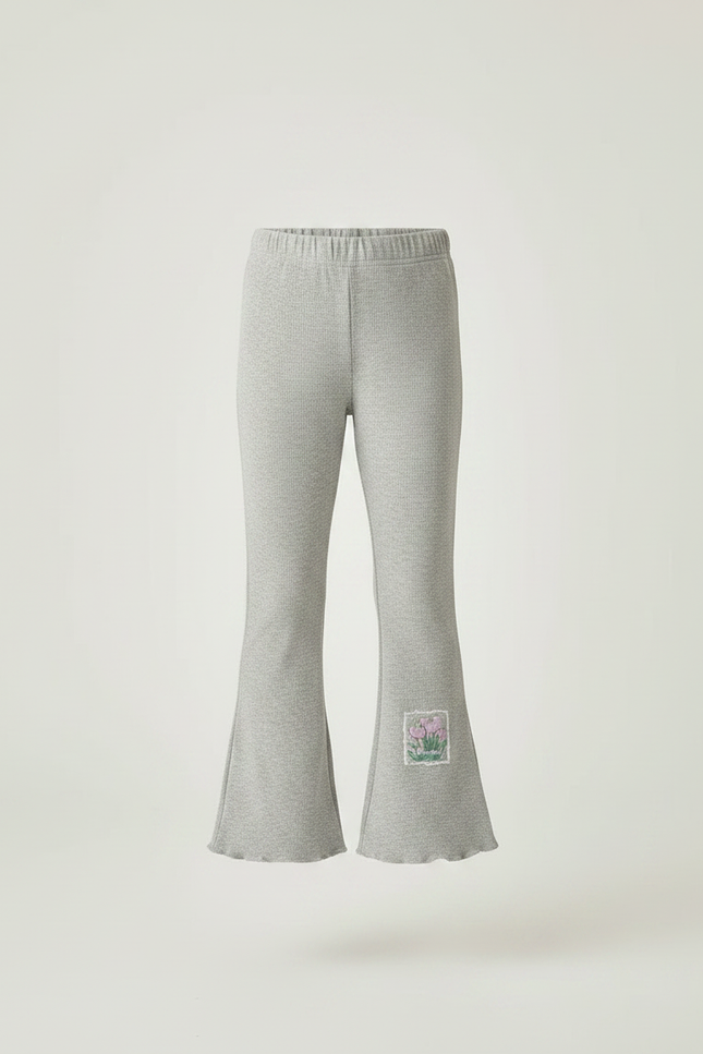 Pantalon Patte D'Éléphant Gris Côtelé Évasé Brodé Fille - Maille - vue 3