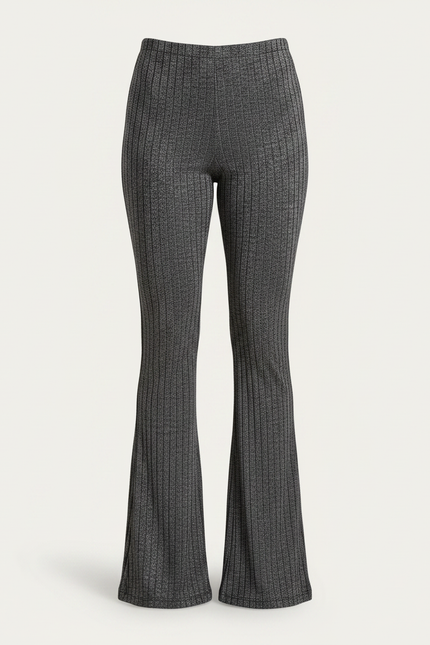 Pantalon Patte D'Éléphant Gris Côtelé Brillant Taille Haute Ajusté - Maille - vue 3