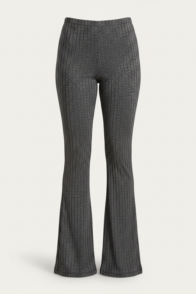 Pantalon Patte D'Éléphant Gris Côtelé Brillant Taille Haute Ajusté - Maille - vue 3