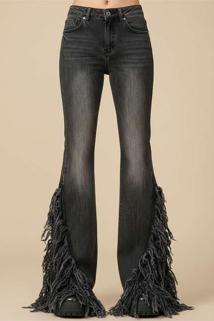Pantalon Patte D'Éléphant Noir Délavé Effiloché Denim Y2K - Jean - vue 3
