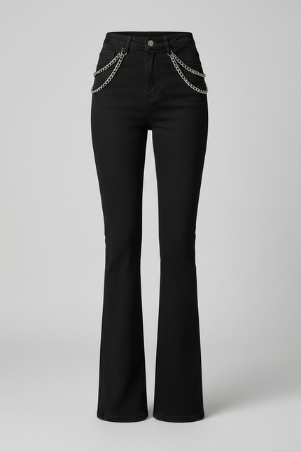 Pantalon Patte D'Éléphant Noir Chaînes Découpes Denim Évasé - Jean - vue 3