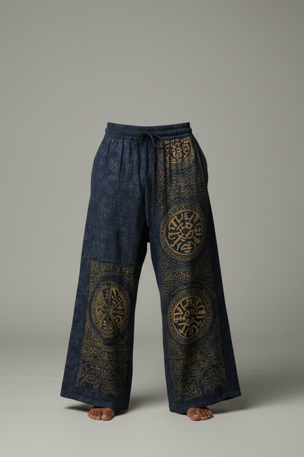 Pantalon Patte D'Éléphant Bleu Imprimé Ethnique Ample Coton - vue 3