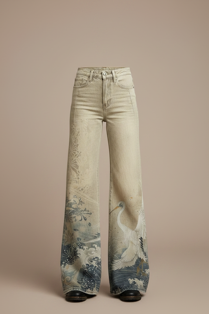 Pantalon Patte D'Éléphant Beige Imprimé Grue Taille Haute - Jean - vue 3