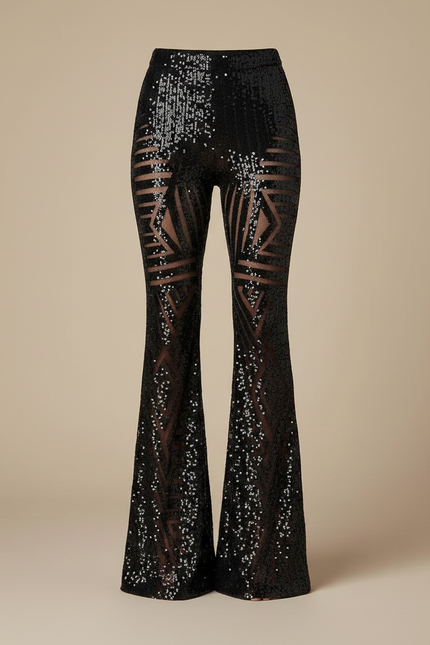 Pantalon Patte D'Éléphant Noir Pailleté Transparent Géométrique Femme - Maille - vue 3