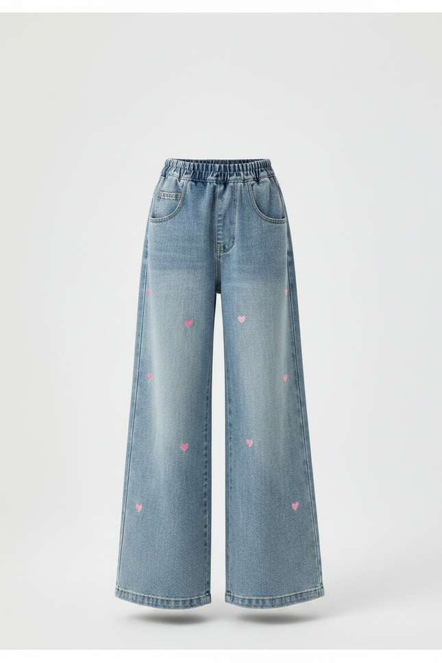 Pantalon Patte D'Éléphant Denim Cœur Brodé Évasé Enfant - Bleu Jean - vue 3
