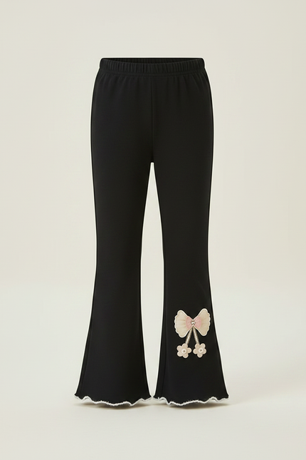 Pantalon Patte D'Éléphant Noir Évasé Nœud Brodé Fille - Maille - vue 3