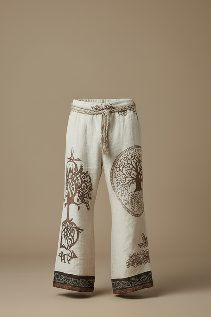 Pantalon Patte D'Éléphant Lin Imprimé Arbre Ethnique Ample - Beige - vue 3