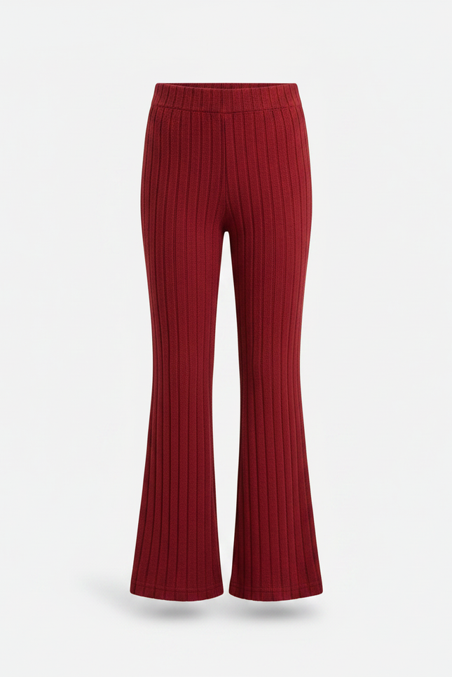 Pantalon Patte D'Éléphant Rouge Côtelé Tricoté Confortable Fille - Bordeaux Maille - vue 3